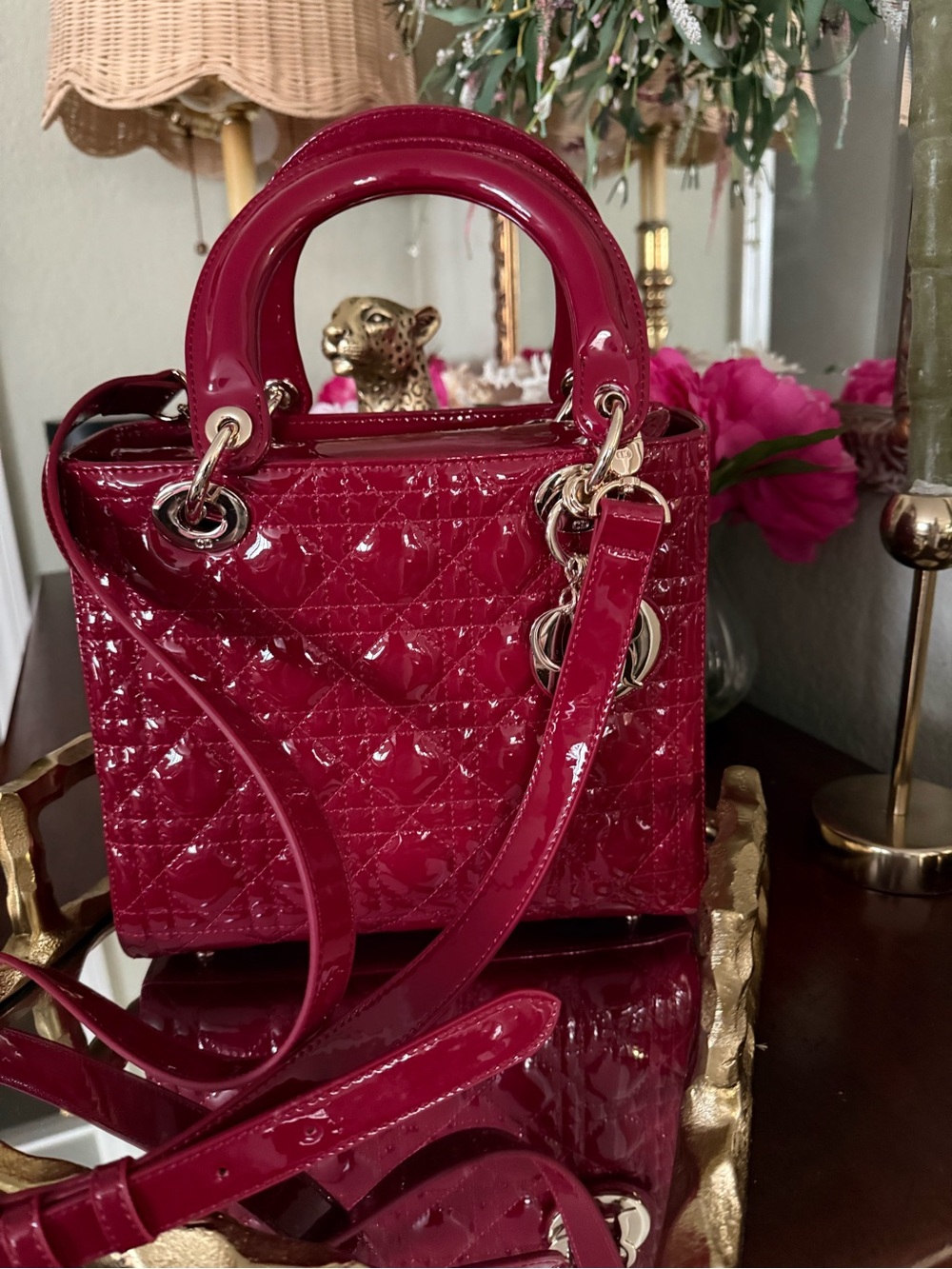Patent Satchel Handbag in Deep Dark Cherry Red with Gold Hardware